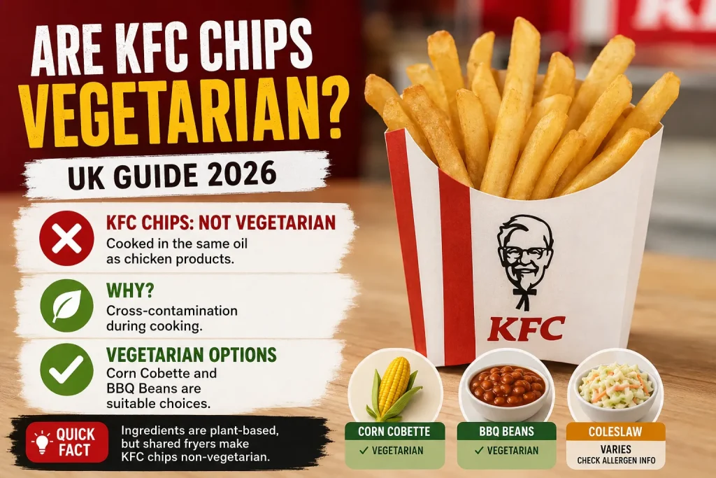 KFC chips in the UK are not vegetarian or vegan due to shared fryer cooking with chicken products. While the ingredients are plant-based, cross-contamination is the key issue.