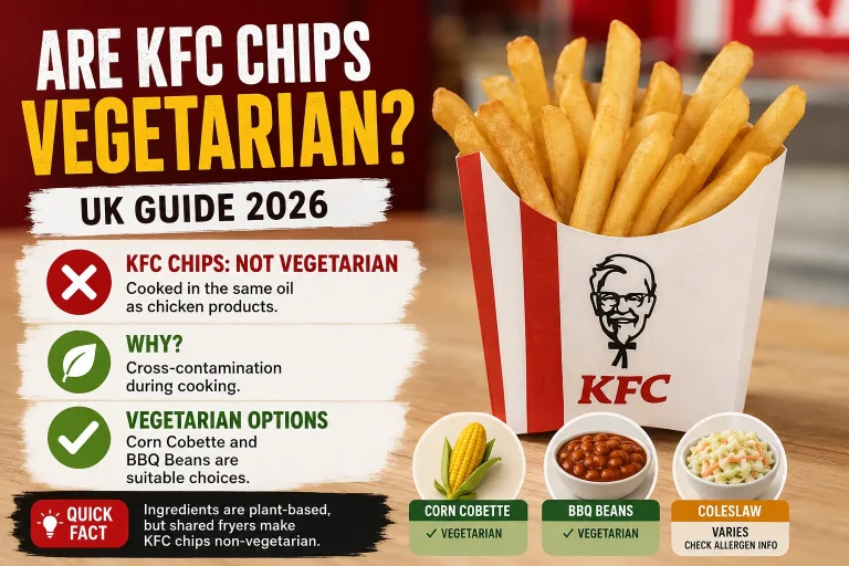 KFC chips in the UK are not vegetarian or vegan due to shared fryer cooking with chicken products. While the ingredients are plant-based, cross-contamination is the key issue.