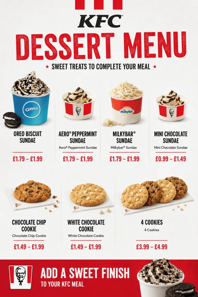 KFC Dessert Menu featuring Oreo Biscuit Sundae, Aero Peppermint Sundae, Milkybar Sundae, Mini Chocolate Sundae, Chocolate Chip Cookie, White Chocolate Cookie, and 4 Cookies with prices.