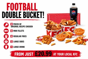 KFC Football Double Bucket Deal 2026 includes 6 Original Recipe chicken pieces, 12 tenders, 4 fries, 2 large baked beans, and a large drink. Price from £20.99 pickup or £26.99 delivery, available 15 June to 19 July 2026 in the UK.